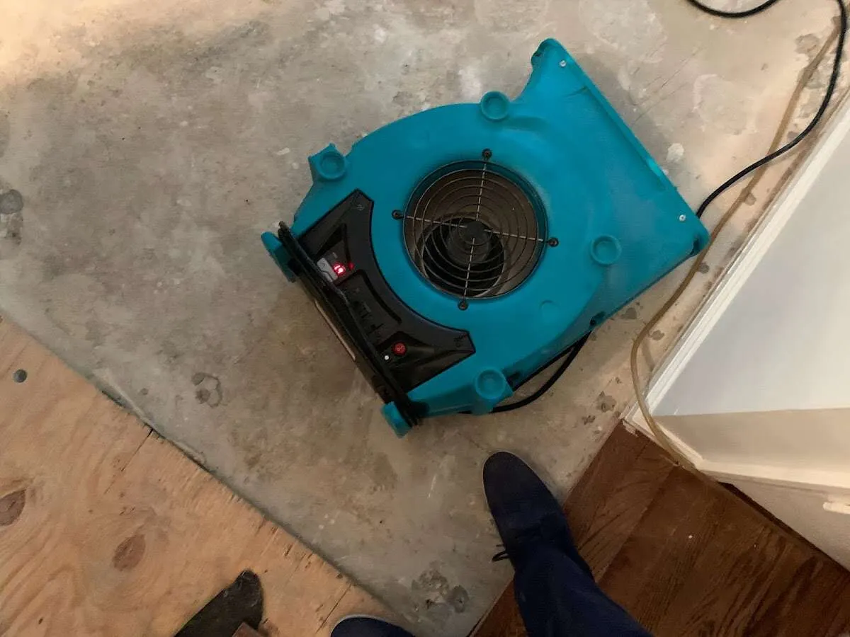 Air mover drying subfloor during Leak Detection & Repair in Bardmoor